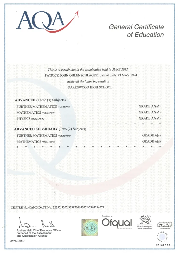 AQA A-Level certificate — Mathematics, Further Mathematics, Physics A*A*A*