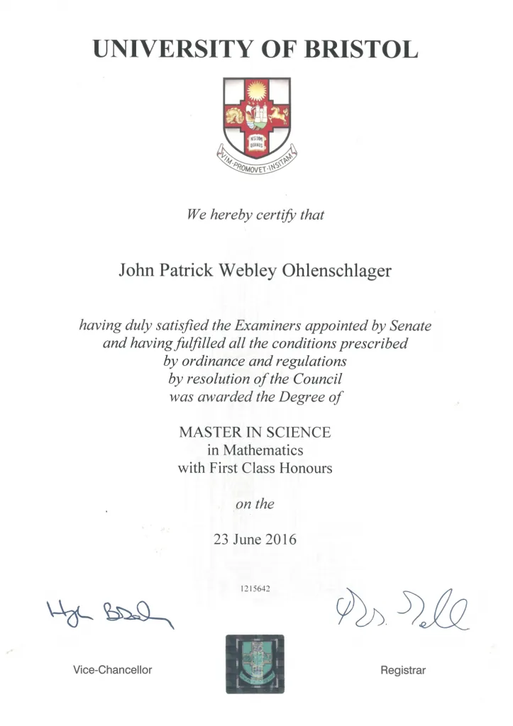 University of Bristol MSc Mathematics First Class Honours certificate