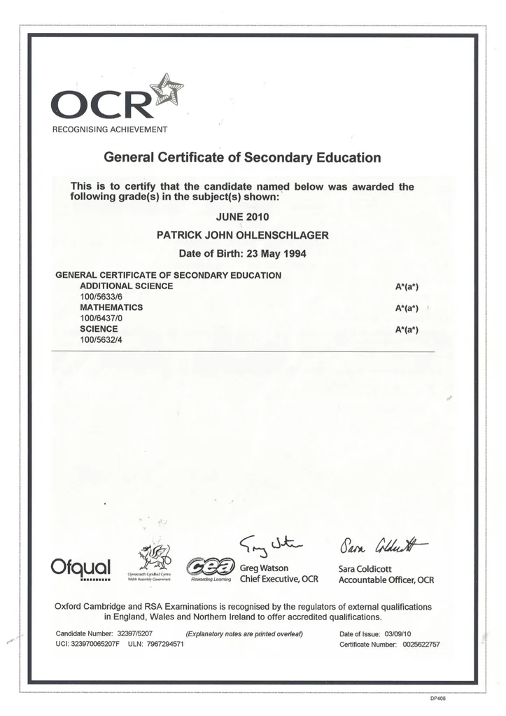 OCR GCSE certificate — Patrick Ohlenschlager